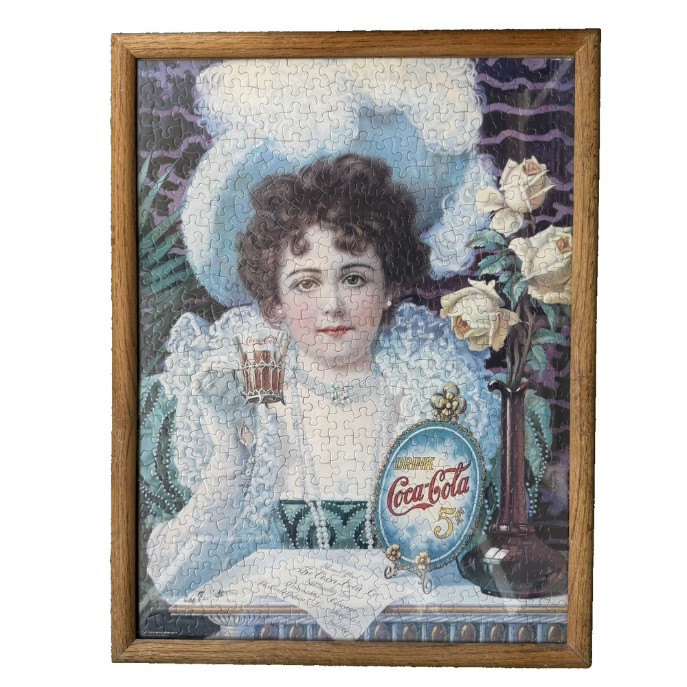 Vintage 1980s Coca-Cola Fountain Girl Jigsaw Puzzle Large Framed Portrait